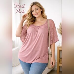 paper + tee 3X Dusty Rose Lace Sleeve Top NWT Plus Size Boho Blouse